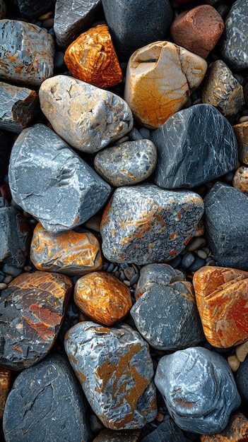 a pile of rocks with orange and gray colors and some rocks