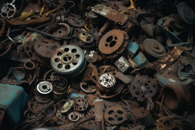 A pile of rusted gears and gears