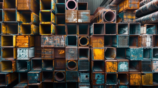 Photo a pile of rusty metal pipes and boxes