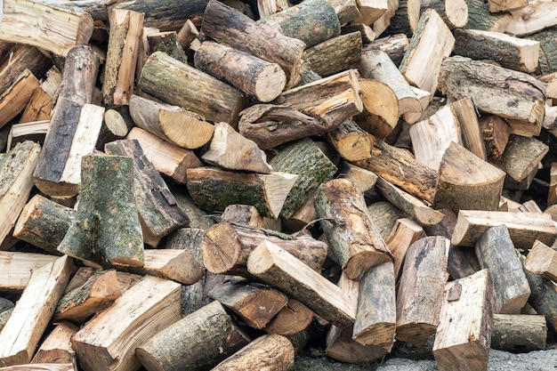 A pile of sawed firewood for heating in winter Stockpile of firewood during the energy crisis