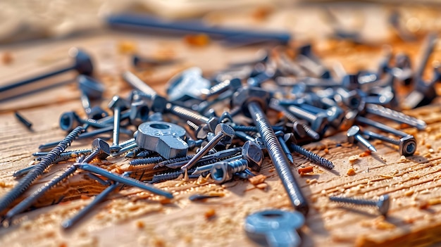 Photo a pile of screws and screws are laying on a table