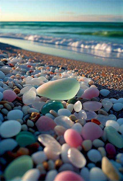 Pile of sea glass sitting on top of a beach generative ai