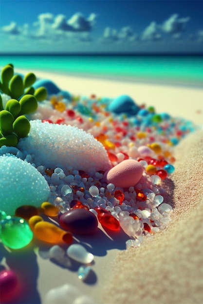 Pile of sea glass sitting on top of a sandy beach generative ai