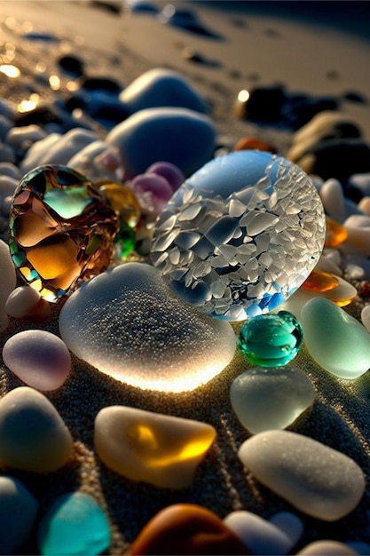 Pile of sea glass sitting on top of a sandy beach generative ai