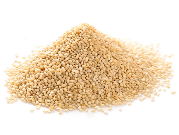 A pile of sesame seeds on a white background