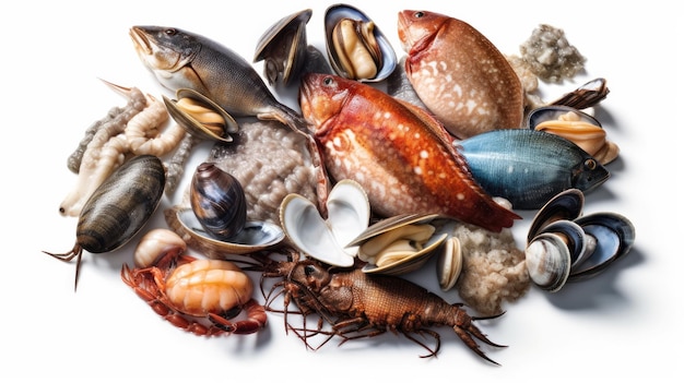 A pile of shells and mussels on a white background