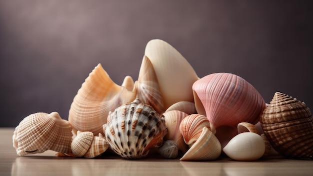 A pile of shells on a wooden table