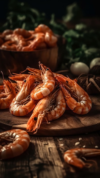 A pile of shrimp on a wooden board