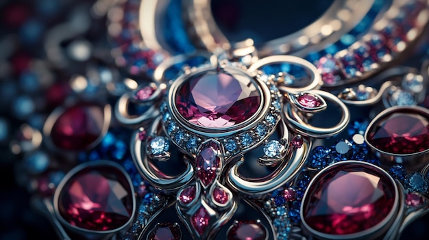 Photo a pile of silver rings with a blue and purple diamond ring