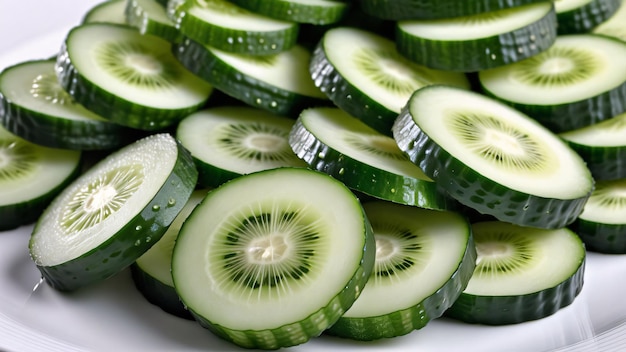 a pile of sliced cucumbers with one being cut