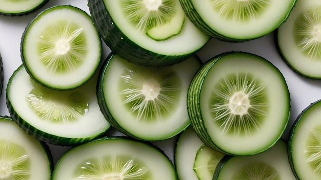 a pile of sliced cucumbers with one being cut