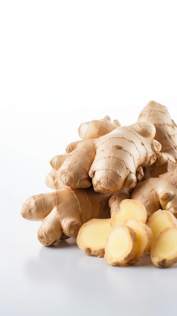 A pile of sliced ginger on a white background generative AI