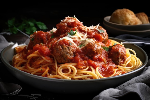 Pile of spaghetti and meatballs drizzled with marinara sauce created with generative ai