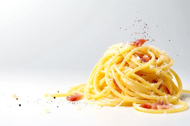 Photo a pile of spaghetti with bacon and parmesan cheese