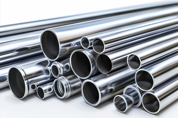 A pile of stainless steel pipes on a white background