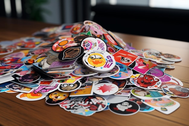 Pile of stickers is sitting on top of a table