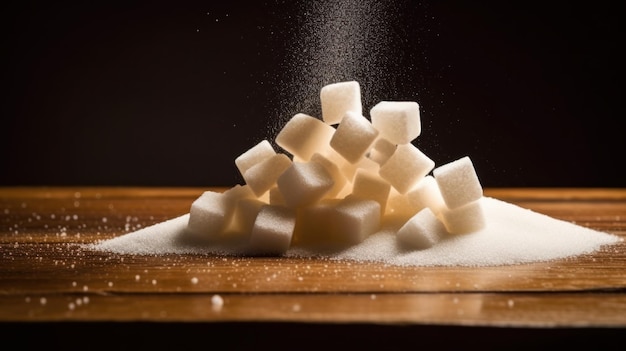 A pile of sugar on a wooden table with the word sugar on it