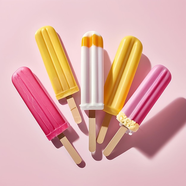 Photo pile of summer ice creams on sticks flat lay