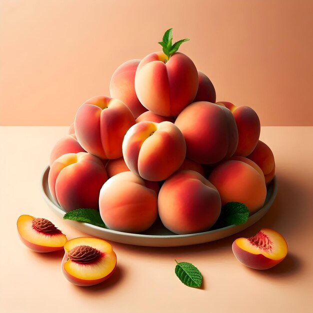 A pile of sweet peaches a juicy summer fruit perfect for desserts isolated on a plain peachy orang