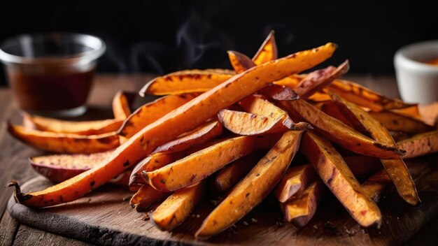 a pile of sweet potatoes on a cutting board