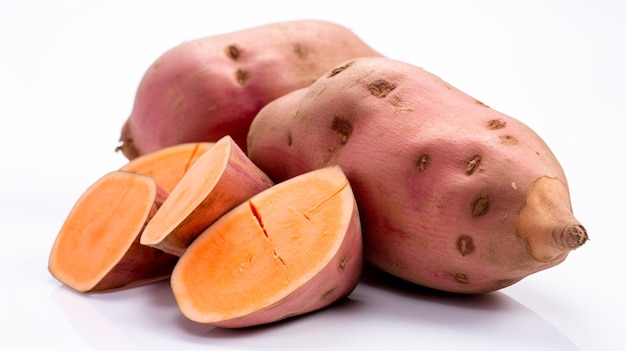 A pile of sweet potatoes with the word sweet on the side