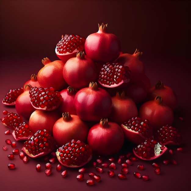 A pile of sweet and tart pomegranates a winter superfood isolated on a plain rich burgundy backgro