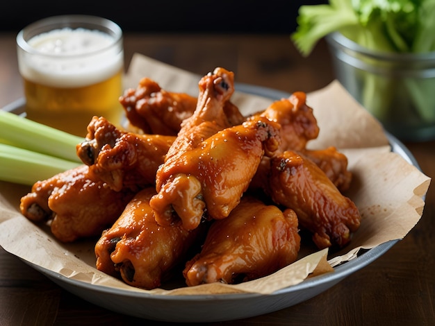 Photo pile of tasty buffalo chicken wings in plate