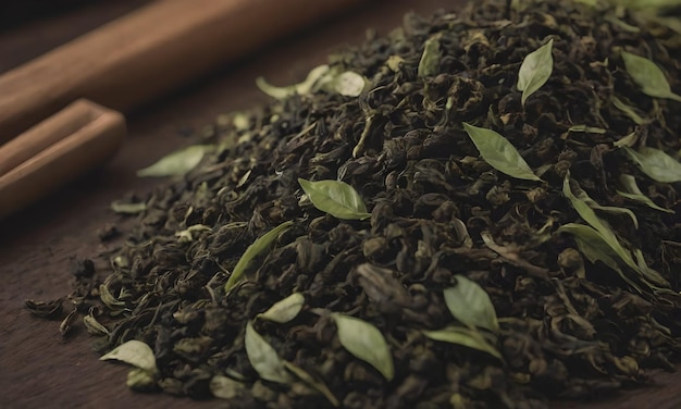 Photo a pile of tea leaves on a wooden table with one that says  sprinkle