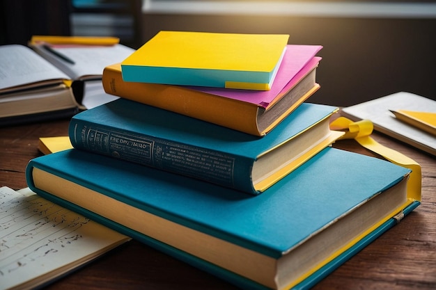 Photo pile of textbooks and sticky notes