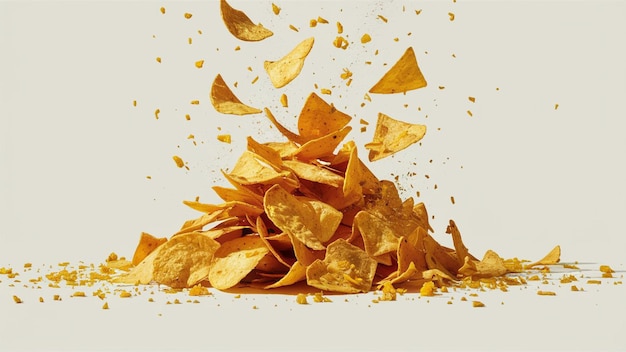 Photo pile tortilla chips crumbs yellow pieces flying isolated on white background