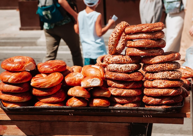 A pile of Turkish bagels on the table Turkish cuisine and Turkish breakfast concept