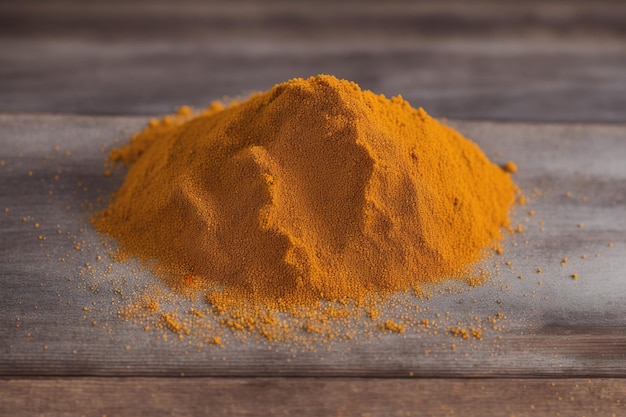 A pile of turmeric on a wooden board