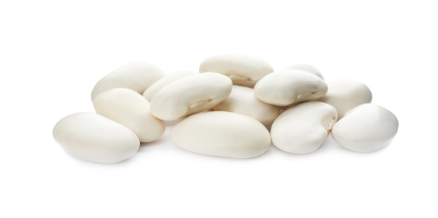 Pile of uncooked navy beans on white background