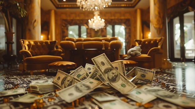 A pile of US dollar bills on the floor of a luxurious living room