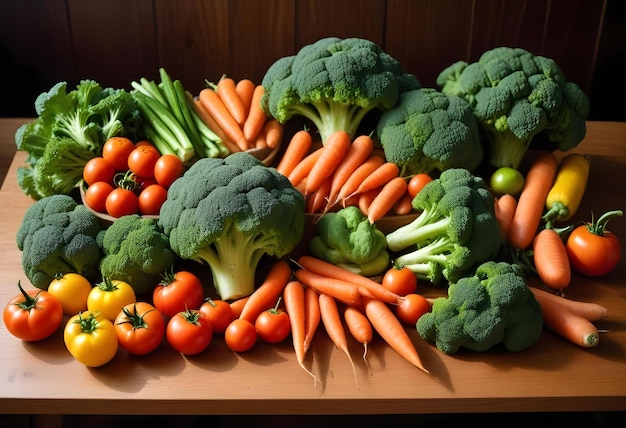 a pile of vegetables including broccoli carrots and peppers