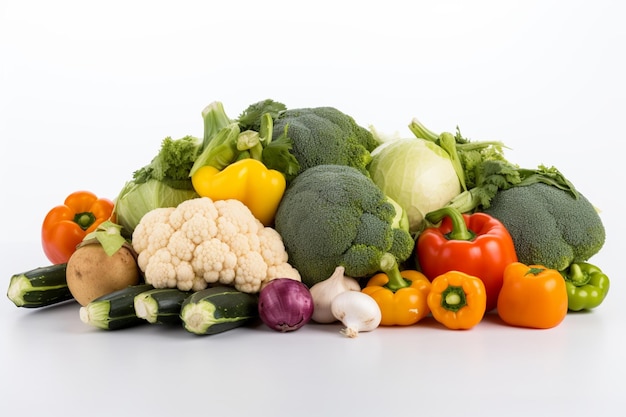 A pile of vegetables including broccoli, cauliflower, and zucchini.