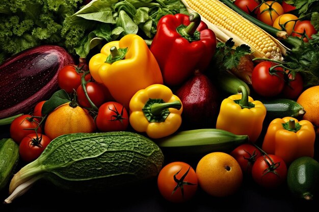 A pile of vegetables including peppers, tomatoes, and cucumbers.