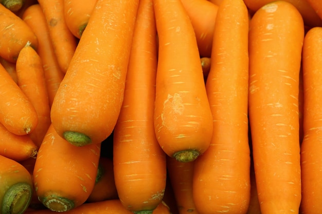 Pile of vibrant orange color fresh carrots selling at the market