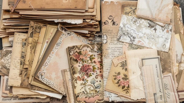 Photo a pile of vintage papers with floral designs and handwritten text