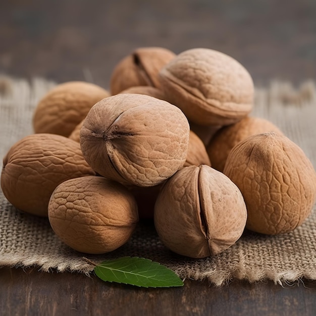 A pile of walnuts on a burlap cloth with a green leaf on the side.