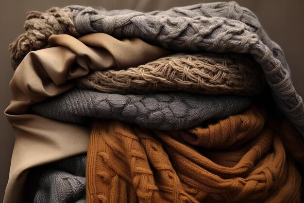 Pile of warm knitted sweaters on wooden background closeup