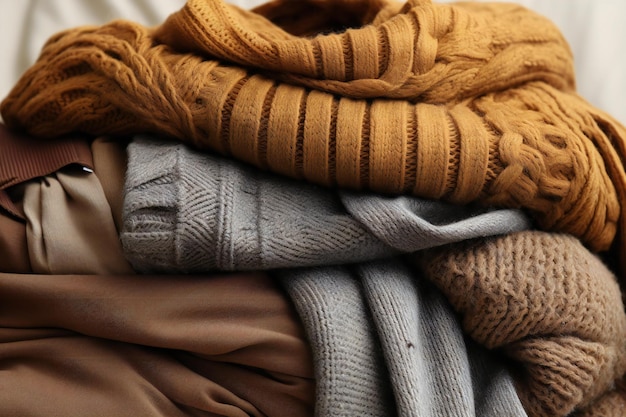 Pile of warm sweaters as background closeup Winter clothing