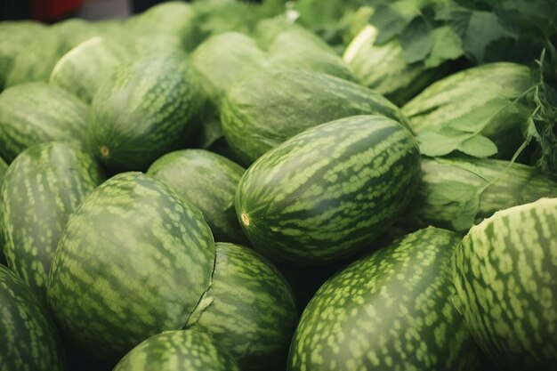 a pile of watermelons at a market stall