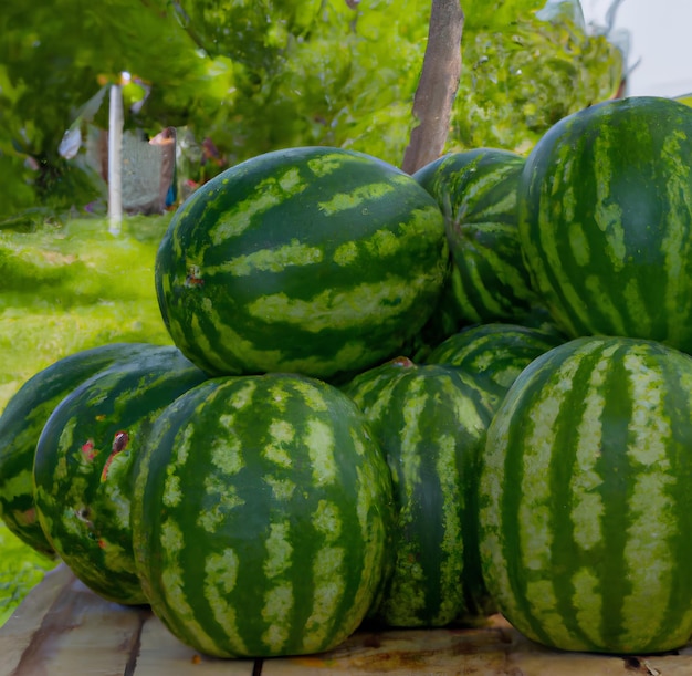 A pile of watermelons on a table with a green background.