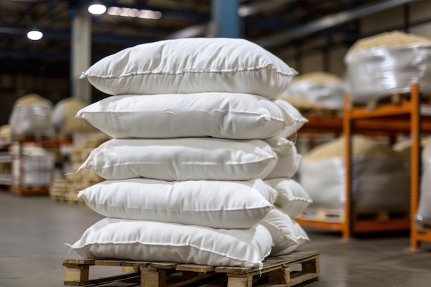 Pile of white sacks on a pallet in a warehouse