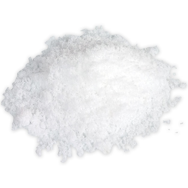 A pile of white salt is on a white background.