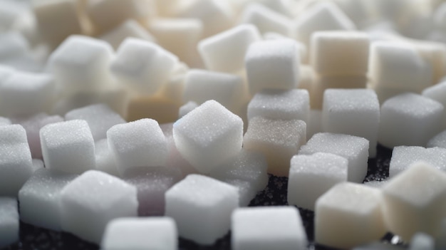 A pile of white sugar cubes on a black surface.