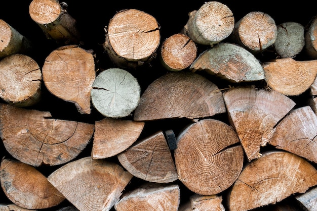 Pile of wood forming a wall. Ecology and deforestation problems in nature.