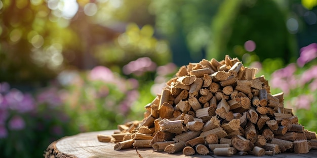 Photo pile of wood pellets on a tree stump