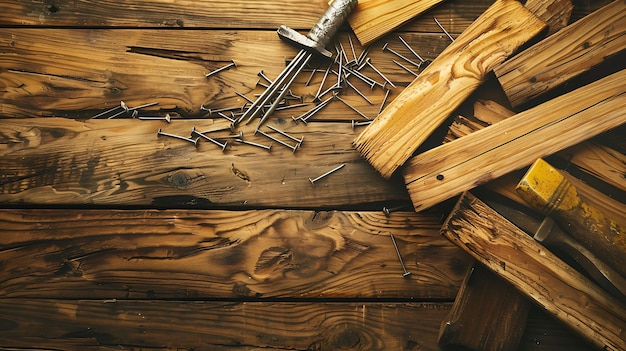 a pile of wood with a hammer and nails on it